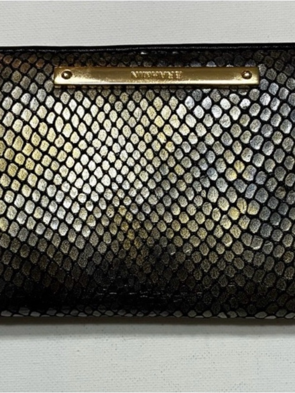 Brahmin Black and Gold Snake-Texture Wallet with Brass Plaque